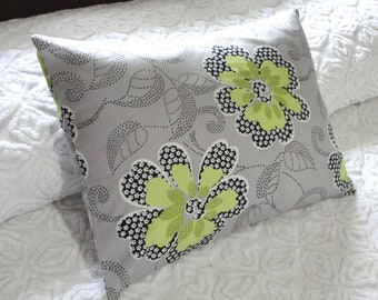 Travel Pillowcase - Lime Green & Gray Large Floral Case Cover for 12x16 Lumbar, Boudoir, Home Accent Pillow - Handmade, envelope back