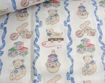 Vintage Baby Fabric - Blue Ribbon Stripe, Rabbit Pull Toy, Bears, Blocks, Ducks - Blue, Pink, Cream material 45" x 27"