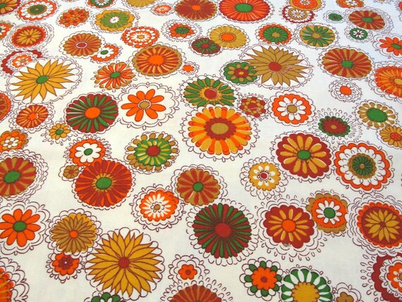 Vintage 70s Flower Power Decorator Fabric - Klopman Mills Orange, Green, Gold Floral, Mid Century Home Decor Material 44x27