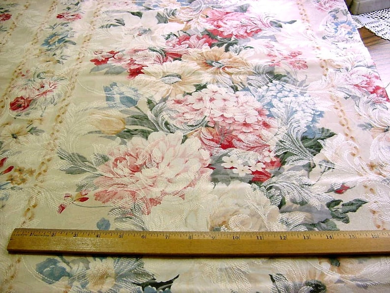 Rose Hydrangea Peony Tulip Daisy Flowers Romantic Victorian Cottage Chic Pink Blue Sage Vintage BTY Floral Upholstery Decorator Fabric