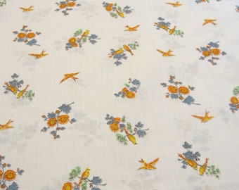 1.66 yd Vintage Bird Floral Fabric - Green, Gold, Yellow, Quilt, Apparel Material