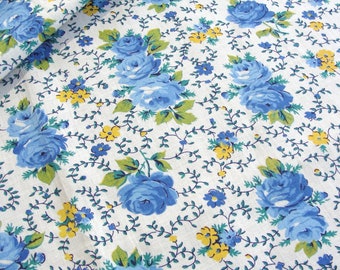 Vintage 40s Granny's Apron Fabric - Blue Roses, Yellow Daisy Flowers - Authentic Old Cotton Material 36" wide - BTY or half yard