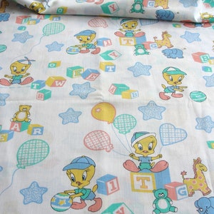 Vintage 80s Tweety Bird Fabric Juvenile Novelty Baby Material Warner Brothers, Looney Tunes, Peter Pan Fabric, Yellow, Blue, Aqua BTY image 2