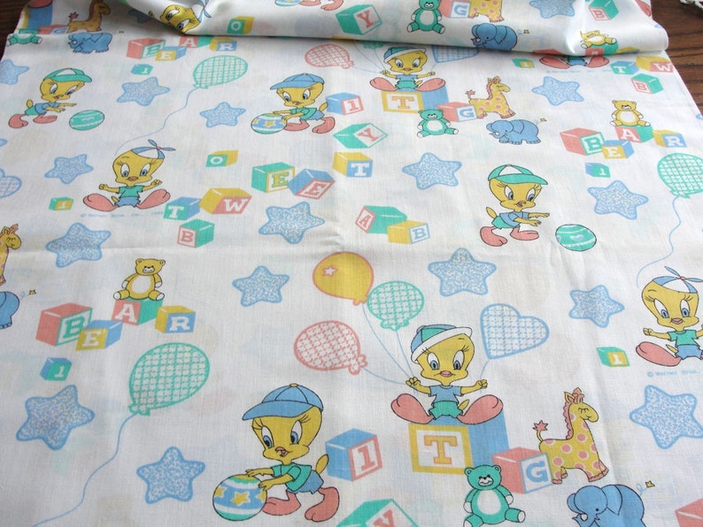 Vintage 80s Tweety Bird Fabric Juvenile Novelty Baby Material Warner Brothers, Looney Tunes, Peter Pan Fabric, Yellow, Blue, Aqua BTY image 2