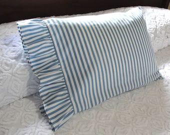 Ruffled Travel Pillow Case - Blue, White Stripe Boudoir, Lumbar, Toddler, Home Decor Pillowcase Cover for 12x16 Pillow