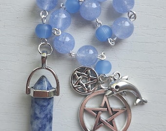 Calypso Genuine Blue Chalcedony, Sodalite & Sea Glass Witch's Ladder Pocket Pagan Rosary Prayer Beads