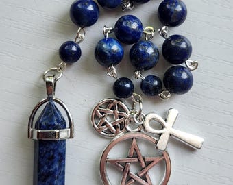 Goddess Isis Genuine Lapis Lazuli Gemstone Witch's Ladder Pocket Pagan Rosary Prayer Beads