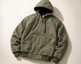 Carhartt J130 Vintage Canvas Hoodie: Heavy-Duty Workwear Essential Moss Green Edition - Distressed Workwear Hoodie