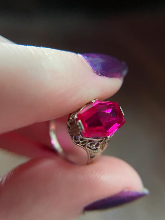 Antique Lab Ruby White Gold “Coffin” Ring - image 4