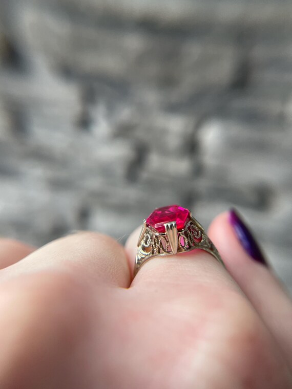 Antique Lab Ruby White Gold “Coffin” Ring - image 7