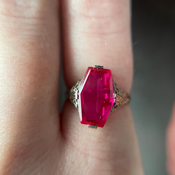 Antique Lab Ruby White Gold “Coffin” Ring - image 2