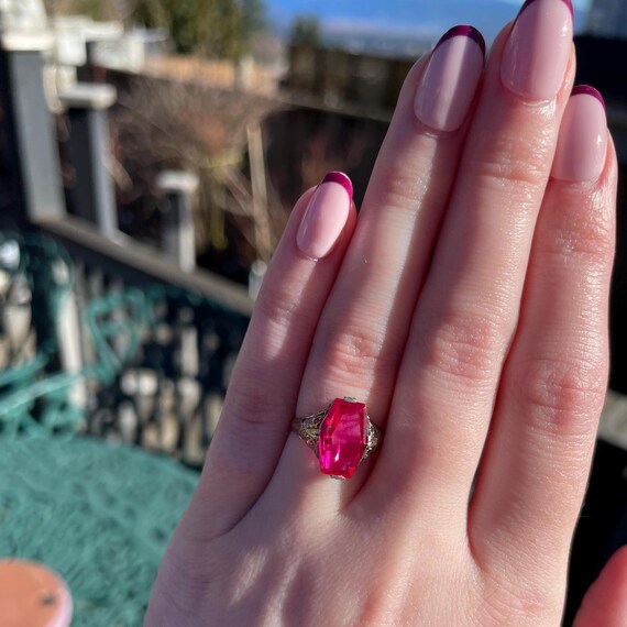 Antique Lab Ruby White Gold “Coffin” Ring - image 8