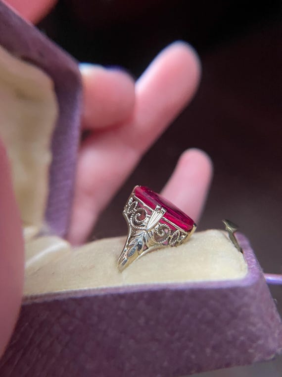 Antique Lab Ruby White Gold “Coffin” Ring - image 6