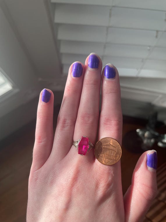 Antique Lab Ruby White Gold “Coffin” Ring - image 5