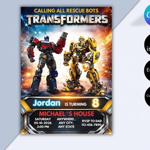 Invito di compleanno Transformers Rescue Bots, modello per festa a tema Optimus Prime Autobots (download digitale)