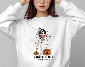Spooky Season, Skeleton Halloween Shirt, Cute Skeleton Girl with Pumpkins & Fall Leaves Graphic Tee, Pumpkin Skeleton Tshirt