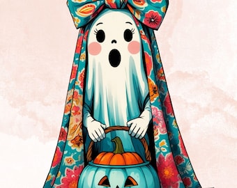 Retro Halloween Kwiatowy Duch PNG, Straszny Uroczy Duch (Pobieranie Cyfrowe)
