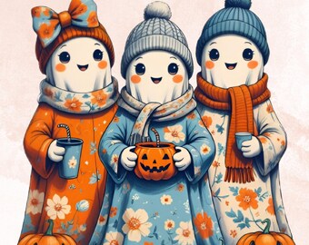 Retro Halloween Ghost Friends png, bloemen gezellige geesten (digitale download)