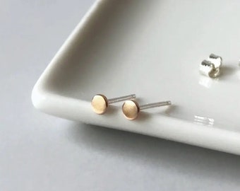 Tiny 14k solid gold dots studs with silver posts - recycled yellow gold stud earrings - gold circle studs- second hole minimalist jewelry