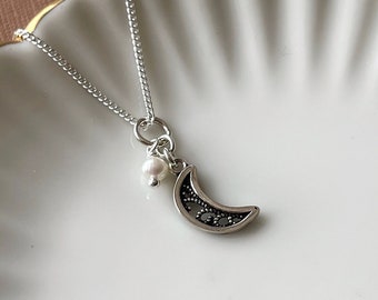 Moon and pearl necklace, boho filigree sterling silver crescent pendant dainty chain, silver celestial necklace, astrological moon phase