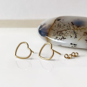 Gold hearts stud earrings, empty 14k gold filled heart, hollow heart, dainty stud earrings, minimalist modern gold earrings love image 1