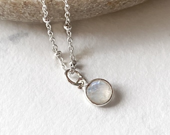 Moonstone necklace, tiny faceted gemstone pendant sterling silver satellite chain, June birthstone, white stone, dainty silver chain