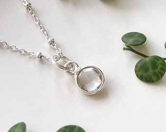 Clear Quartz necklace, tiny faceted gemstone pendant sterling silver satellite chain, june birthstone necklace,  dainty silver chain