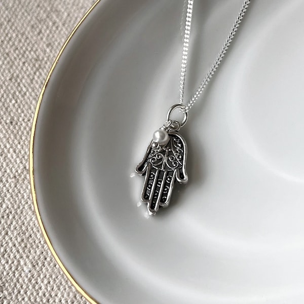 Hamsa hand pearl necklace, hand of Fatima filigree sterling silver, fatma hand pendant, good luck protection power strength, spiritual