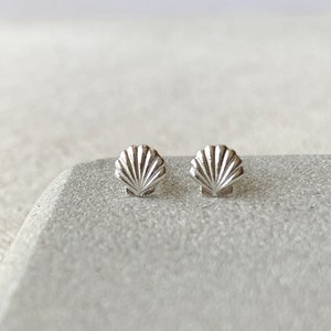 May include: A pair of silver seashell stud earrings. The earrings are small and delicate, and they feature a simple seashell design.