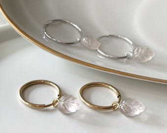 Rose quartz leaf hoop earrings, gemstone  sterling silver or gold filled endless sleeper hoop, pink leaf charm, convertible earring