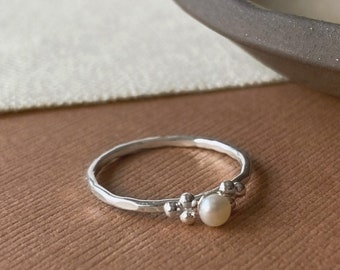 Pearl ring with dots - tiny pearl ring with trio of silver dots - Sterling silver and white pearl skinny ring - genuine freshwater pearl