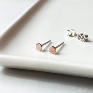 Tiny 14k solid gold dots studs with silver posts - gold piercing - Recycled rose gold circle studs earrings - gold stud- minimalist jewelry