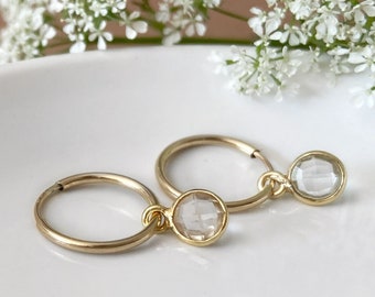 Clear quartz gold hoop earrings, 14k gold filled endless sleeper hoop,  gemstone hoop charm earrings, convertible earring, dainty gold hoops