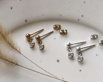 Ball studs with cz dangle, 3mm sterling silver or 14k gold filled dot studs earrings, cz dangle, second hole piercing, helix cartilage