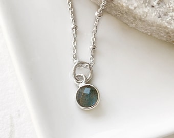 Labradorite necklace, tiny faceted gemstone pendant sterling silver satellite chain, grey stone necklace, dainty sterling silver chain