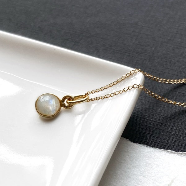 Moonstone gold filled necklace, round faceted gemstone pendant in 14k gold filled, moonstone necklace, June birthstone, necklace charm