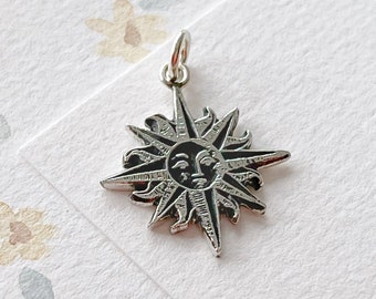 Sun face charm, sterling silver sun pendant on dainty curb chain, delicate layering necklace, tarot car charm, astrological jewelry, sunny