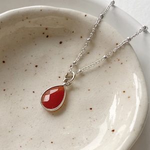 Carnelian necklace - small faceted teardrop gemstone pendant - sterling silver satellite chain - drop stone necklace -  pear shaped stone