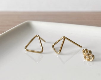 Gold triangle stud earrings, empty 14k gold filled triangle, hollow triangle, dainty stud earring, minimalist, modern and geometric