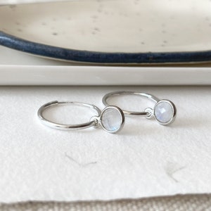 Moonstone hoop earrings, sterling silver endless sleeper hoops, tiny gemstone charm, convertible earrings, simple dainty hoop earrings