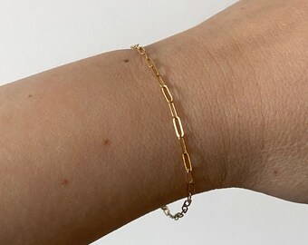 Gouden paperclip kettingarmband, verstelbare 14k goudgevulde armband, nietjesgouden ketting, rechthoekige schakel, minimalistische delicate armband