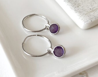 Amethyst hoop earrings, sterling silver endless hoops, faceted tiny gemstone charm, convertible earrings, sleeper dainty hoop earrings