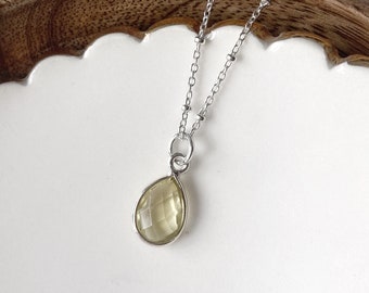 Lemon quartz necklace, small faceted teardrop gemstone pendant, sterling silver satellite chain, drop stone necklace,  pear shaped stone