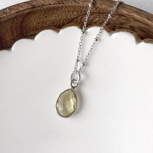 Lemon quartz necklace, small faceted teardrop gemstone pendant, sterling silver satellite chain, drop stone necklace, pear shaped stone image 1