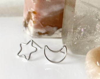 Silver moon and star stud earring - empty silver moon star - mix and match thin and dainty stud earrings - minimalist modern silver earring
