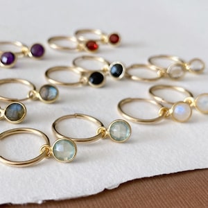 Gold hoop earrings with gemstone, 14k gold filled sleeper hoops, faceted crystal charm, dainty gold hoop earrings, convertible earring
