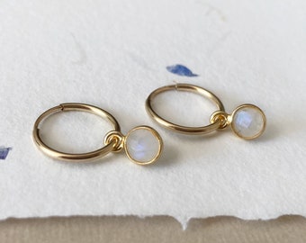 Moonstone gold hoop earrings, 14k gold filled endless sleeper hoops, faceted gemstone hoop earrings, convertible earring, dainty  hoops