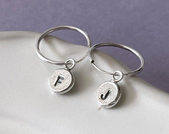 Letter charms hoop earrings, sterling silver removable initials charms, endless hoops, personalized earrings, typewriter small letter hoop