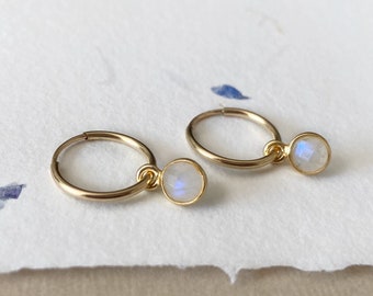 Moonstone gold hoop earrings, 14k gold filled endless sleeper hoops, faceted gemstone hoop earrings, convertible earring, dainty  hoops