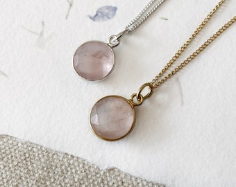 Rose Quartz necklace, 11mm faceted gemstone pendant sterling silver or 14k gold filled, pink stone necklace,  dainty pendant on chain